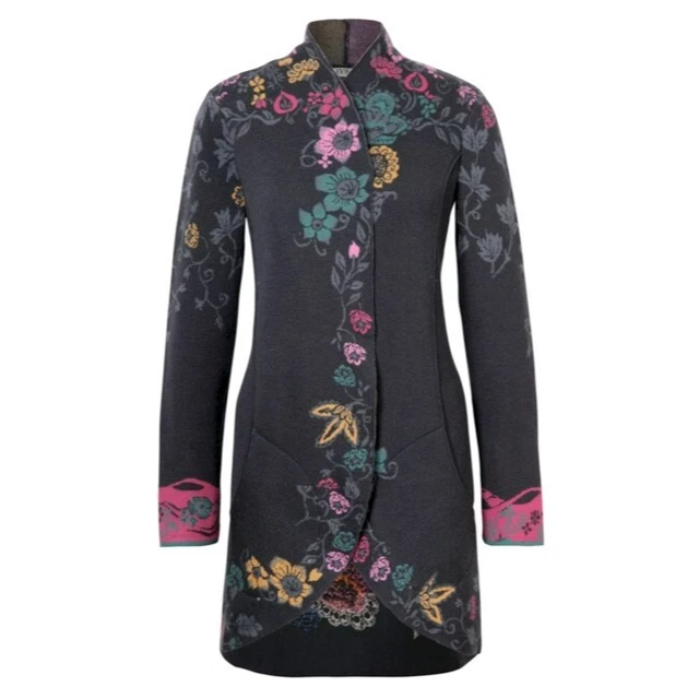 Cardigan Long IVKO Imprimé Fleurs - Gris Anthracite Et Bleu, Laine Et Coton, Neuve Avec étiquettes