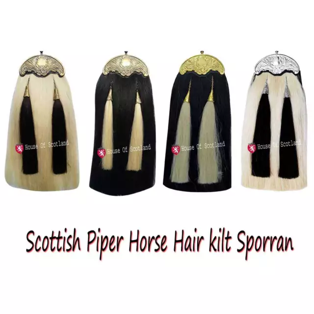 Scottish Piper Leather Kilt Sporran Long Horse Hair Thistle Crest Cantle