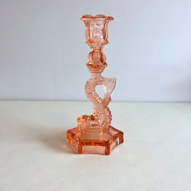 Vintage Westmoreland Glass Dolphin Candlestick Pink Peach Koi Fish Hexagon Base