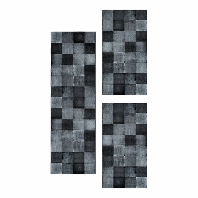 Chambre à Coucher à Poils Ras Tapis Set Quadrilatère Grille Design 3 Pièces Noir