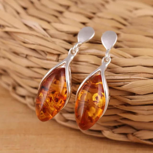 Natural Baltic Amber 925 Sterling Silver Dangle Drop Earrings Gift Boxed