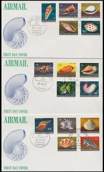 PAPUA NEW GUINEA 1968/9 SHELLS DEFIN SET (x15) ON (x3) FDC’s (ID:171/D64228)