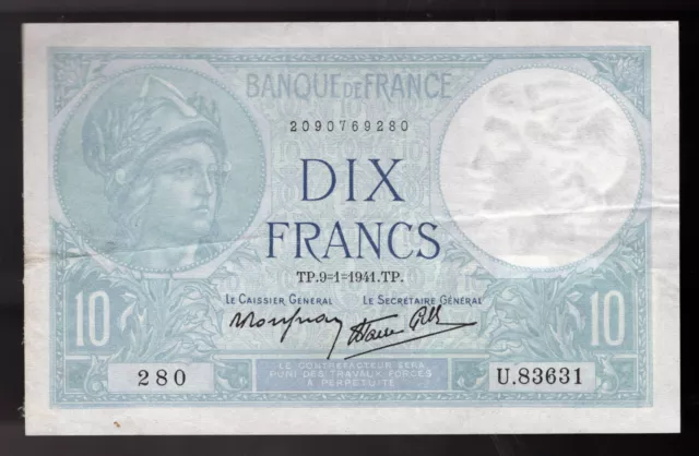 France 1941 10 Francs Circulated Banknote Pic# 84 XF+/AU (CRISP)