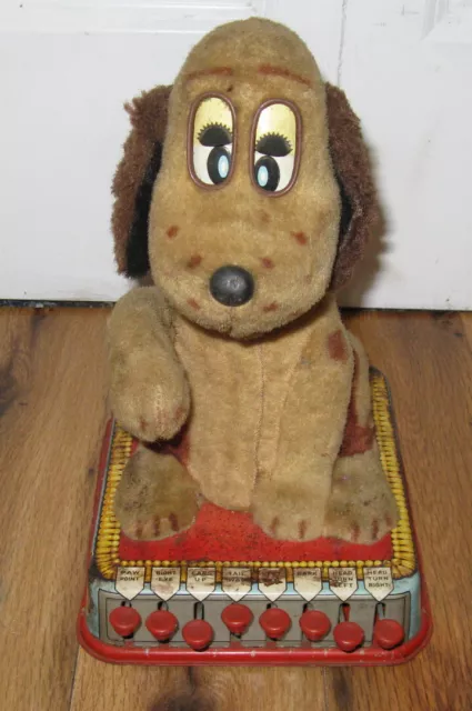 1960's BATTERY OPERATED BUTTONS THE PUPPY WITH A BRAIN MARX TIN PLUSH TOY  DOG