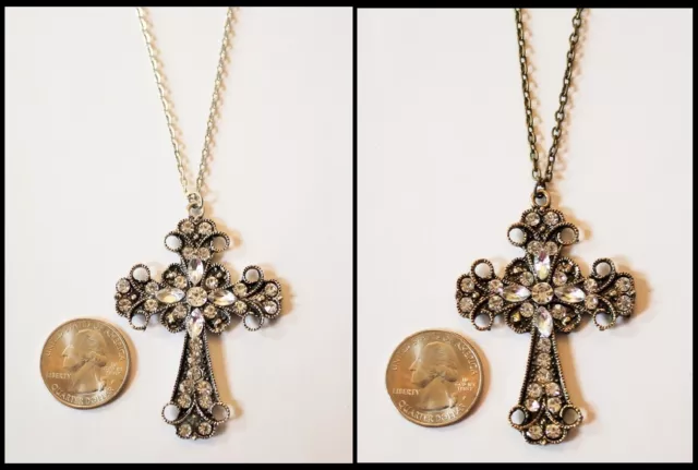 LARGE RHINESTONE CROSS Pendant Necklace- Choose Antique Silver or ...