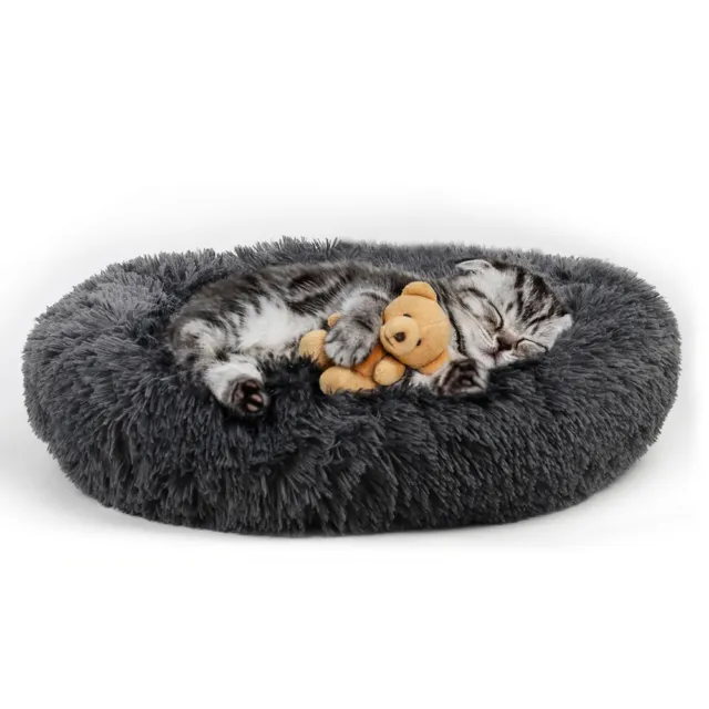 Dog Bed Cat Calming Bed Faux Fur Pillow Pet Donut Cuddler Round Plush Bed Black