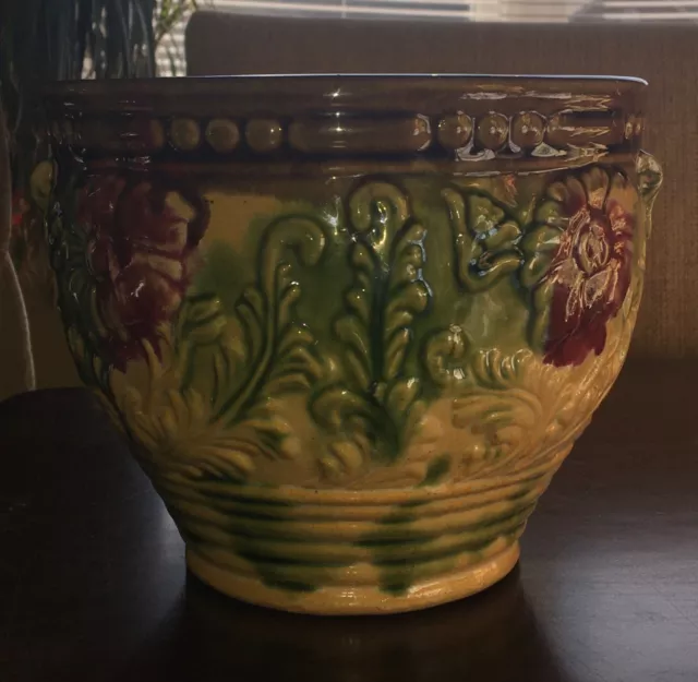 American Blended Majolica Vintage Art Pottery Green Jardiniere Planter #274