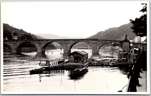 River Bridge Boats on Dock Overlooking the Mountains Real Photo RPPC Postcard