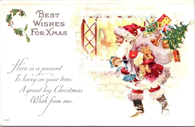 1921 Full Length SANTA Holding a Teddy Bear, CHRISTMAS Greetings Postcard