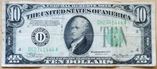 1934-A $10 Dollar Federal Reserve Note Green Seal "D" Cleveland, Ohio Bill