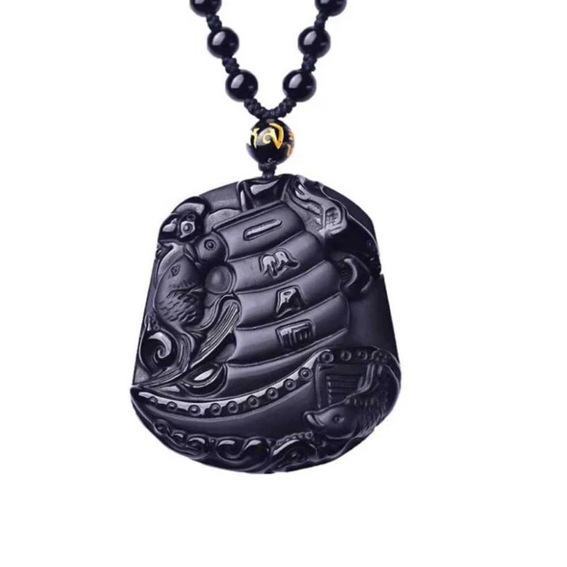 Natural Obsidian sailboat Carved Lucky Amulet Pendant Beads Steel Gemstone