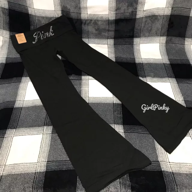 VICTORIA SECRET PINK flare BLACK fold over leggings BLING LOGO XS-2X $59.00  - PicClick