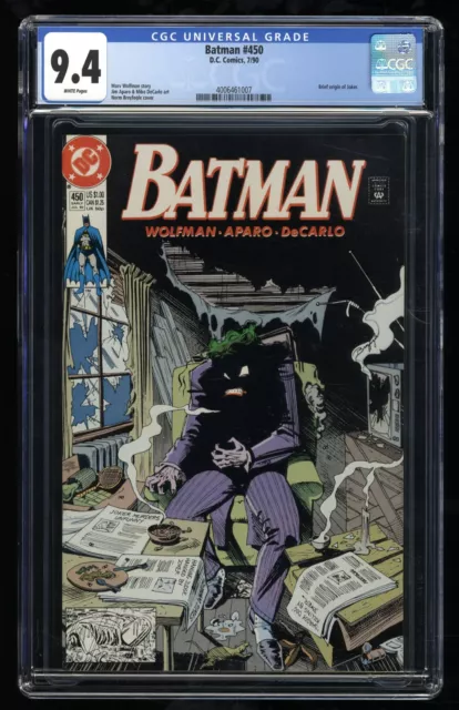 Batman #450 CGC NM 9.4 White Pages Joker Origin! DC Comics 1990