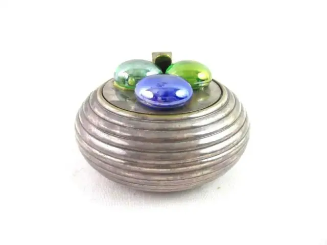 Vintage Round Silver Plate Ash Tray With Lid And Handle Ribbed Marbles On Top