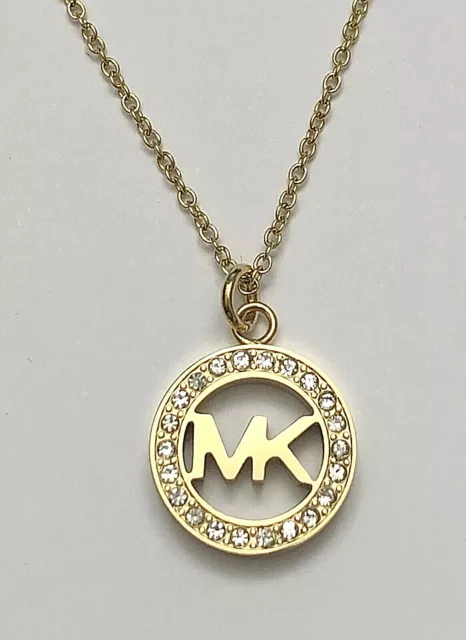 New Michael Kors Gold-Tone Crystal Pave Circular Logo Necklace Msrp $115.00