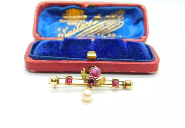 9ct Yellow Gold Suffragette Bug Insect Ruby Paste Pearl Brooch Antique c1910