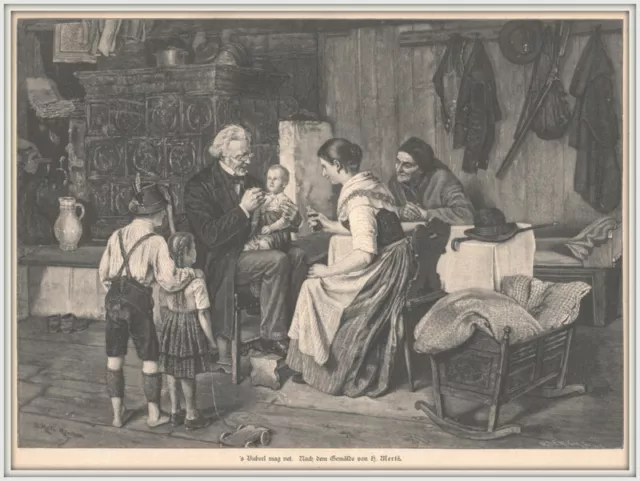 Arzt-Landarzt-Bauernstube-Kind "s`Buberl mag net" Original Holzstich von 1892