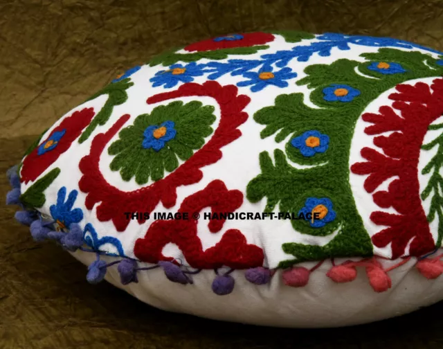 INDIAN SUZANI EMBROIDERED PILLOW Decorative Round CUSHION COVER Throw 16"