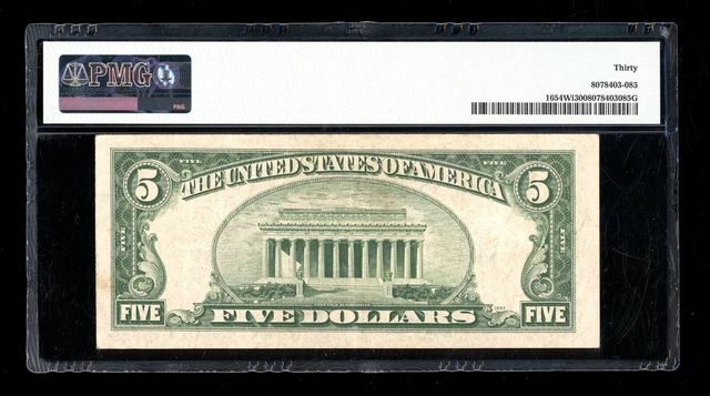 DBR 1934-D $5 Silver Fr. 1654Wi Wide I RA Block PMG 30 Serial R15313224A 2