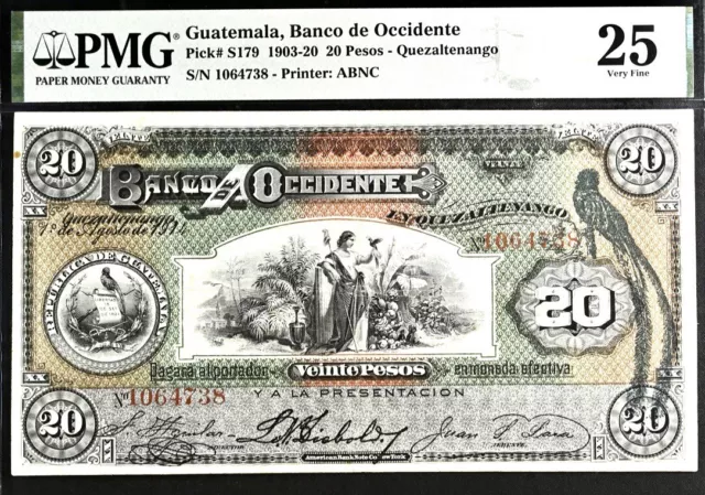 Guatemala 20 Pesos Pick#179 1903-20 PMG 25 Very Fine Banknote