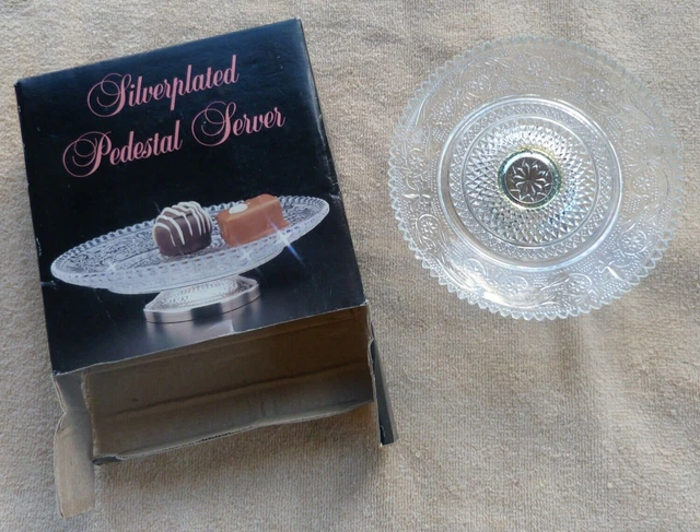 Silverplated Pedestal Server with patterned crystal plate 5 3/4" x 1 1/2" NEW