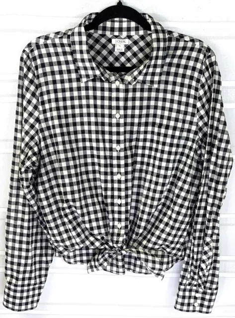 J Crew Gingham Top XL Black White Check Tie Front Long Sleeve Button Up