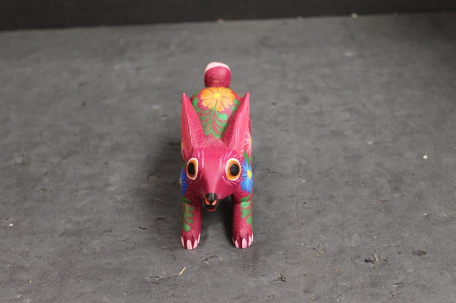 Alfredo Fuentes Oaxacan Folk Art Flowers Pouncing Rabbit Wood Carving