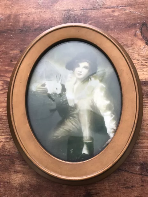 Vintage METAL OVAL PICTURE FRAME w/ Print Boy Girl holding Rabbit GORGEOUS CUTE