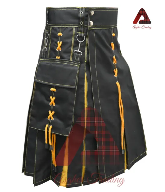 Scottish Handmade Utility Kilt Men Yellow Black Cotton Hybrid Kilts Custom Size