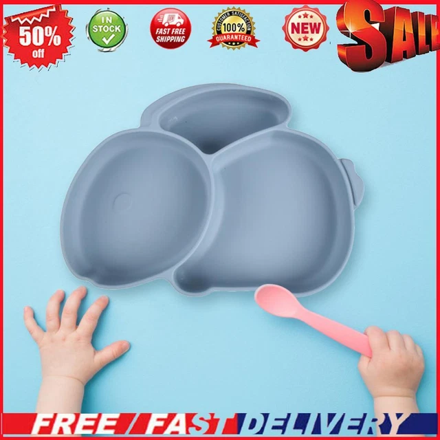 Cartoon Children Dishes Silicone Baby Feeding Dishes Baby Cutlery (Grey Blue)