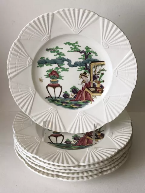 Antique 1920s Wedgwood Asian Oriental Geisha 9" Creamware Plate Fan Rim Set of 6