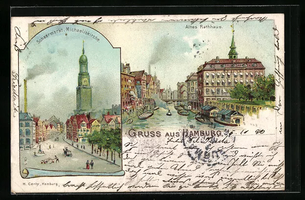 Lithographie Hamburg, Altes Rathaus & Schaarmarkt mit Michaeliskirche 1898