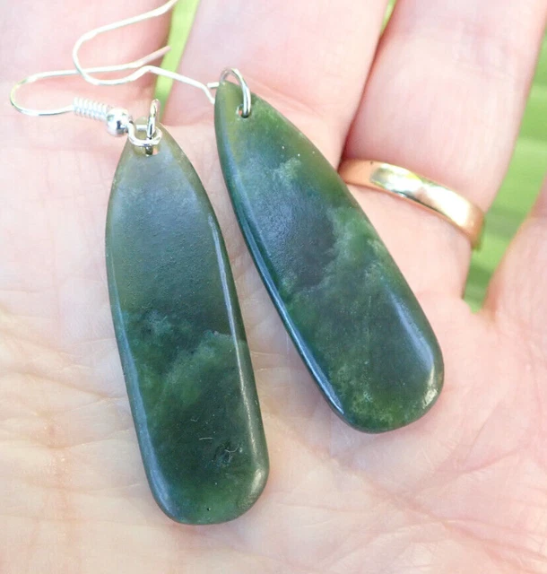 1.7” Hand Carved Nz Maori Pounamu Greenstone Kawakawa Jade Silver Hook Earrings