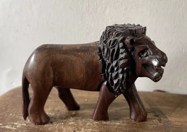 Vintage Carved Hard Wood Roaring Prowling Lion Figurine