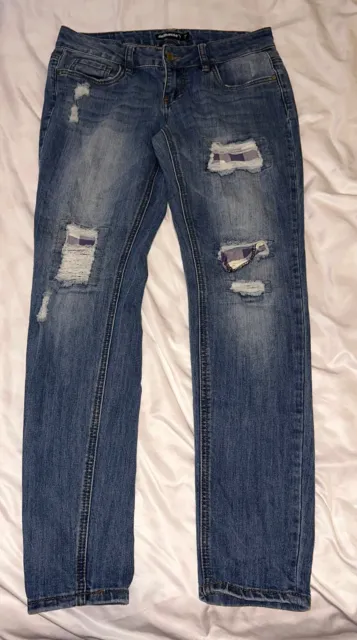 Dollhouse Womens Jeans 7 Denim Skinny Distressed Blue Jeans Charlie Patched