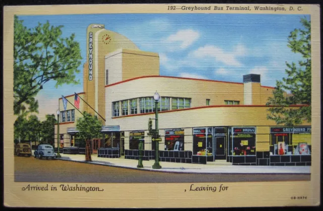 Washington, DC Greyhound Bus Terminal Old Cars Linen Postcard OB-H974