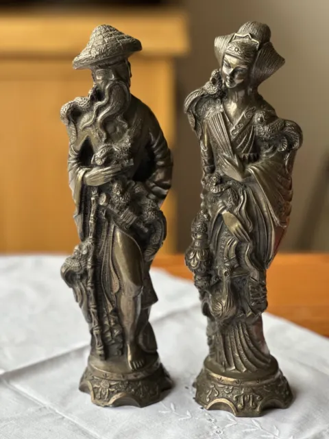 Japanese Bronzed Resin Figurines of Man & Woman with Birds