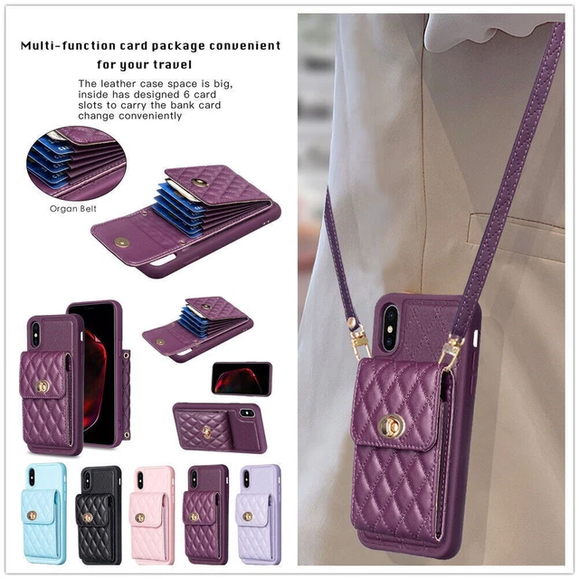 Crossbody Grid Wallet Phone Case For iPhone 11 12 13 14 Samsung S22 S23 A54 A14