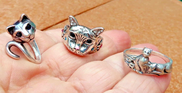 Lot 3 Vtg SIGNED Sterling Silver 925 Kitty/Cat Rings, One signed KABANA
