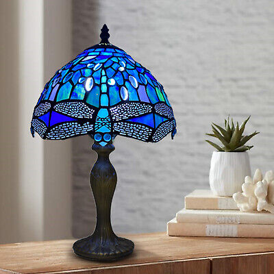 Tiffany Blue Dragonfly Style Table Lamp Stained Glass Shade Home Decoration