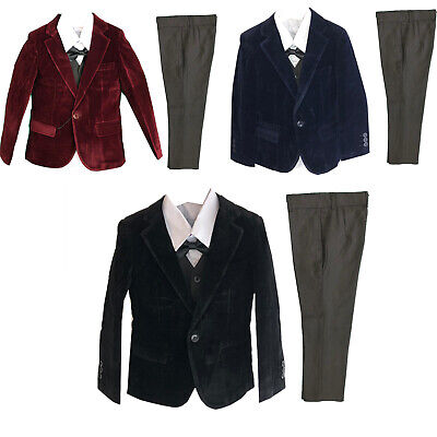 Boys Kids Velvet 5 Piece Suit Set Blazer Waistcoat Trousers Shirt Tie Wedding