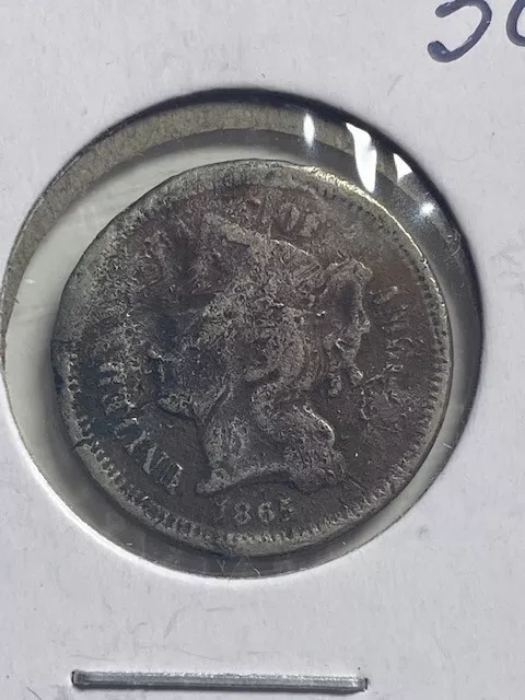 1865 3 Cent Nickel, damage, 1st Year of Issue, 99c Shipping