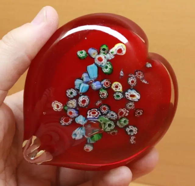 Vintage Venetian Murano Style Italy Millefiori  Red Heart Shaped Paperweight