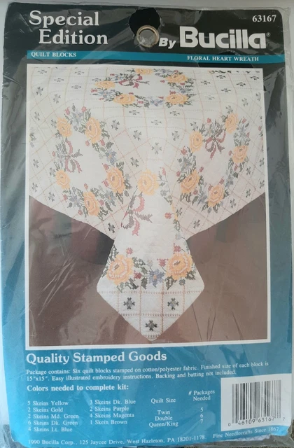 BUCILLA 6er-Pack gestempelt Kreuzstich Quilt Blöcke - Blumen Herzkranz NEU