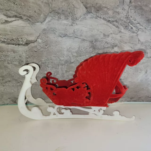 Vintage Fuzzy Red Velvet Flocked Sleigh w/White Detailed Plastic Runners 9"