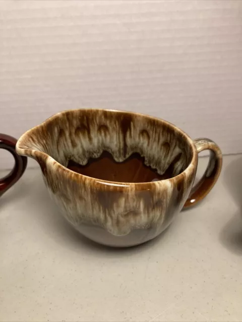 Brown Drip Glaze Stoneware 2  Coffee -Tea Mugs -1 Creamer - Vintage Made In USA 3