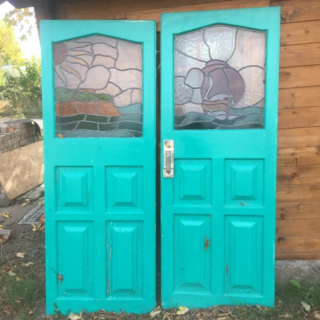 Pair UNIQUE Art Deco NAUTICAL Leaded Stained Glass Doors ANTIQUE PERIOD RECLAIM