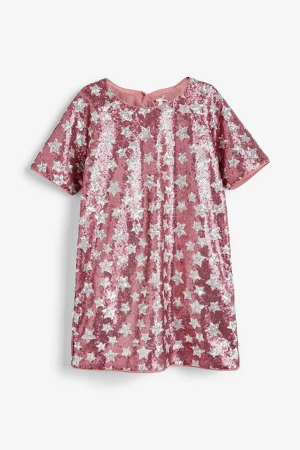 NEXT Girls Pink Silver Star Print Sequin Shift Dress Age 14 BNWT RRP £46 Party