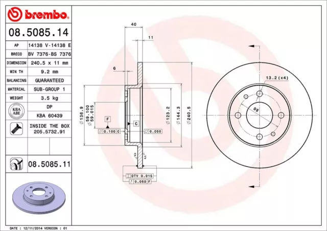 Kit Dischi + Pastiglie Freno Brembo Fiat 500 (312) 1.2 51Kw 69Cv Ant 2