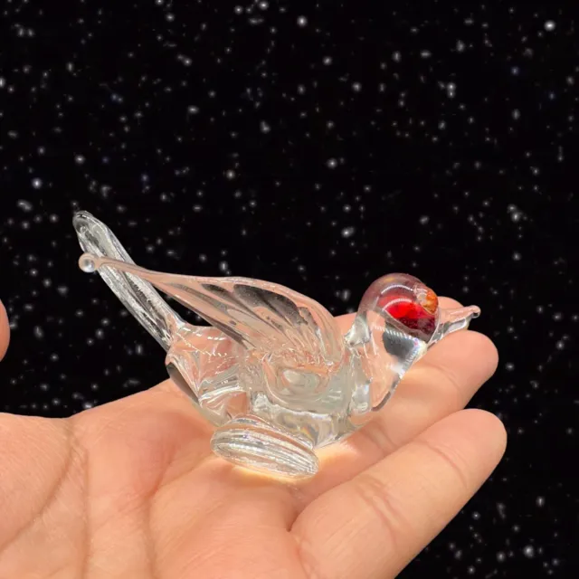 Vintage Clear Art Glass Bird Figurine Paperweight with Colour Eyes 4”W 2”T